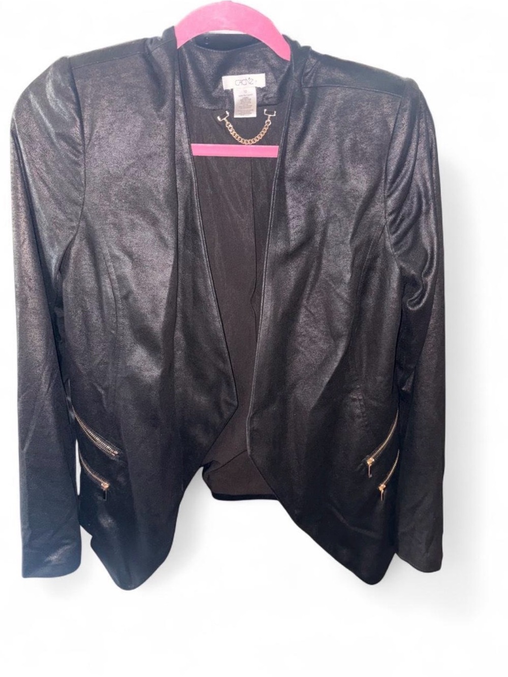 Cache Black Faux Leather Open-Front Blazer with Zip Pockets